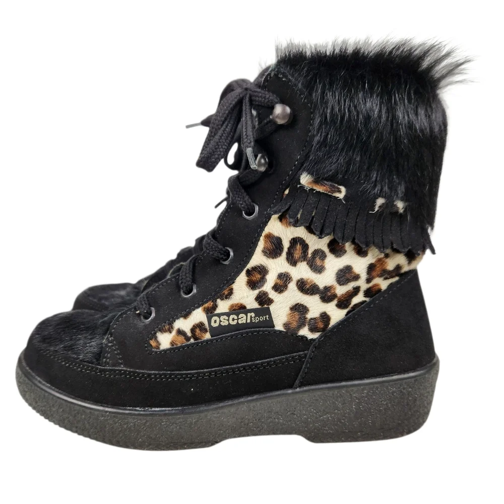 Oscar Sport Cristina Après Ski Black Fur Suede Leather Cheetah BootWomen Size 38 - Picture 2 of 16